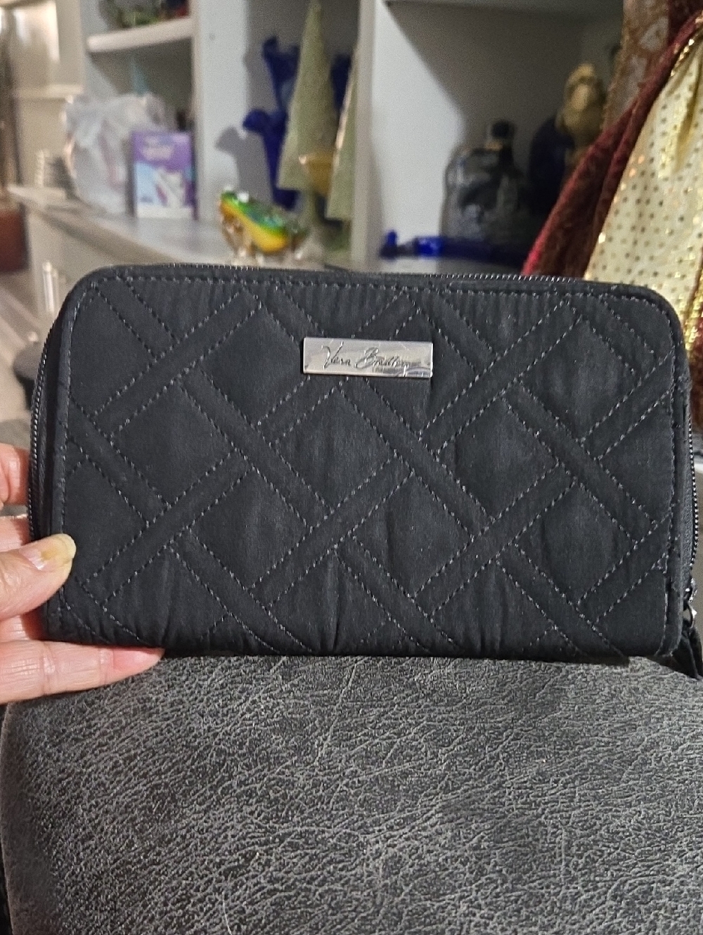 Vera Bradley Black Quilted Zip Wallet with Logo Plate